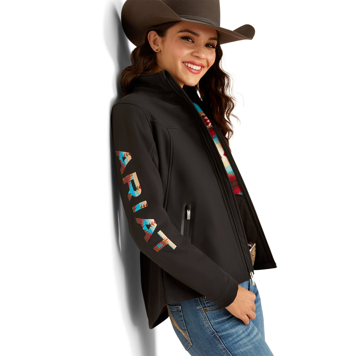 ARIAT WOMEN’S NEW TEAM SOFTSHELL JACKET - BLACK|SERRANO SOUTHWEST PRINT