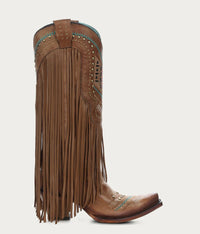 Load image into Gallery viewer, WOMEN’S CORRAL BROWN W/CRYSTALS PATTERN EMBROIDERY AND FRINGE BOOTS
