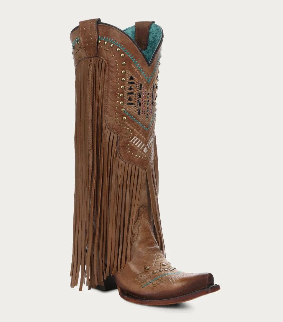 WOMEN’S CORRAL BROWN W/CRYSTALS PATTERN EMBROIDERY AND FRINGE BOOTS