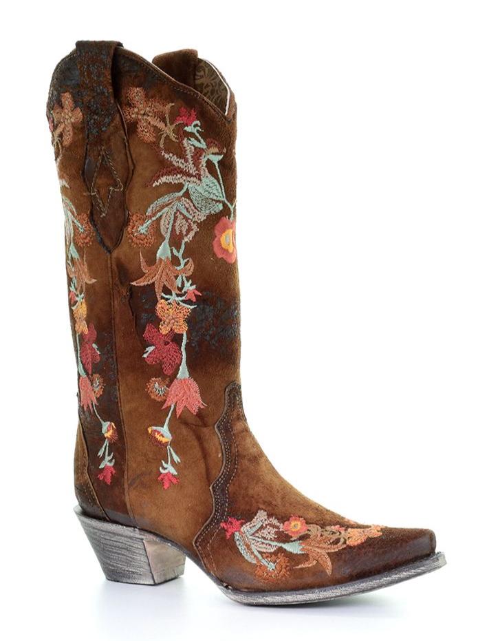 WOMEN’S CORRAL CHOCOLATE LAMB FLORAL EMBROIDERY BOOTS