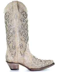 Load image into Gallery viewer, WOMEN’S CORRAL WHITE GLITTER INLAY AND CRYSTALS SNIP-TOE BOOTS - El Toro Boots
