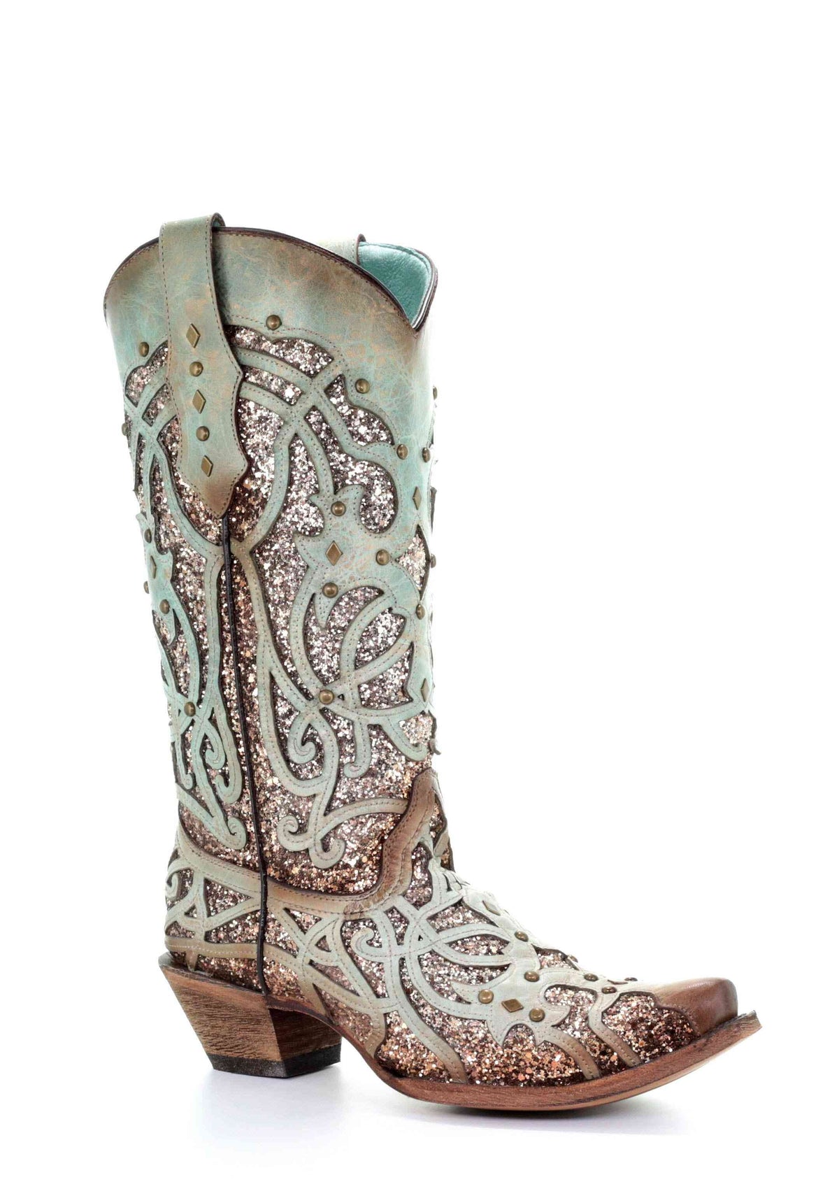 WOMEN’S CORRAL MINT GLITTERED INLAY AND STUDS SNIP-TOE BOOTS - El Toro Boots
