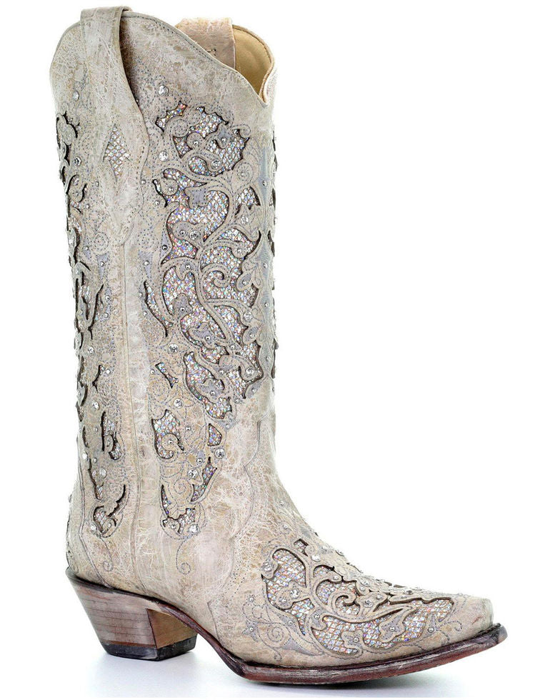 WOMEN’S CORRAL WHITE GLITTER INLAY AND CRYSTALS SNIP-TOE BOOTS - El Toro Boots