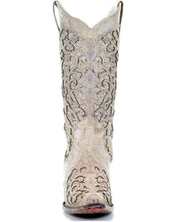Load image into Gallery viewer, WOMEN’S CORRAL WHITE GLITTER INLAY AND CRYSTALS SNIP-TOE BOOTS - El Toro Boots
