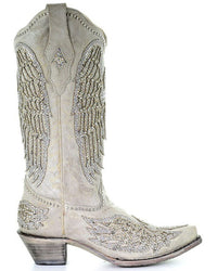 Load image into Gallery viewer, WOMEN’S CORRAL WHITE CRYSTAL CROSS AND WINGS SNIP-TOE BOOTS - El Toro Boots
