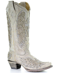 Load image into Gallery viewer, WOMEN’S CORRAL WHITE CRYSTAL CROSS AND WINGS SNIP-TOE BOOTS - El Toro Boots
